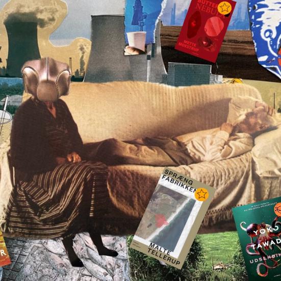 En collage med en kvindeskikkelse i ført gasmaske siddende i en sofa omgivet af rygende fabriksskorstene og romaner om forurening