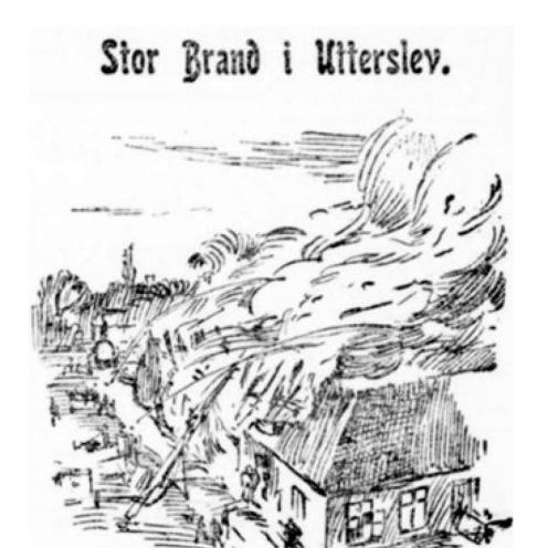 Stregtegning af gård i brand.