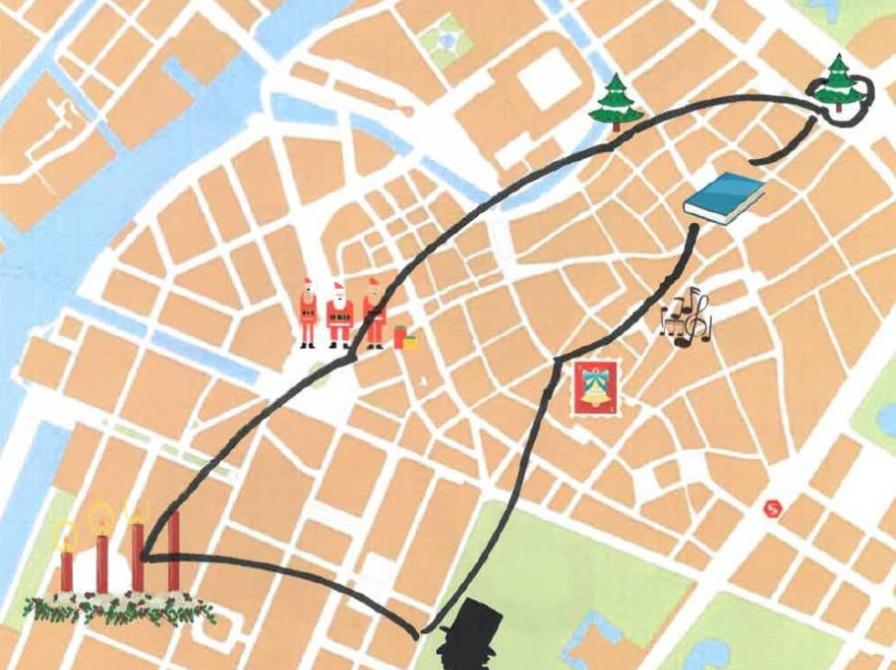 Kort med en rute der ligner en nissehue