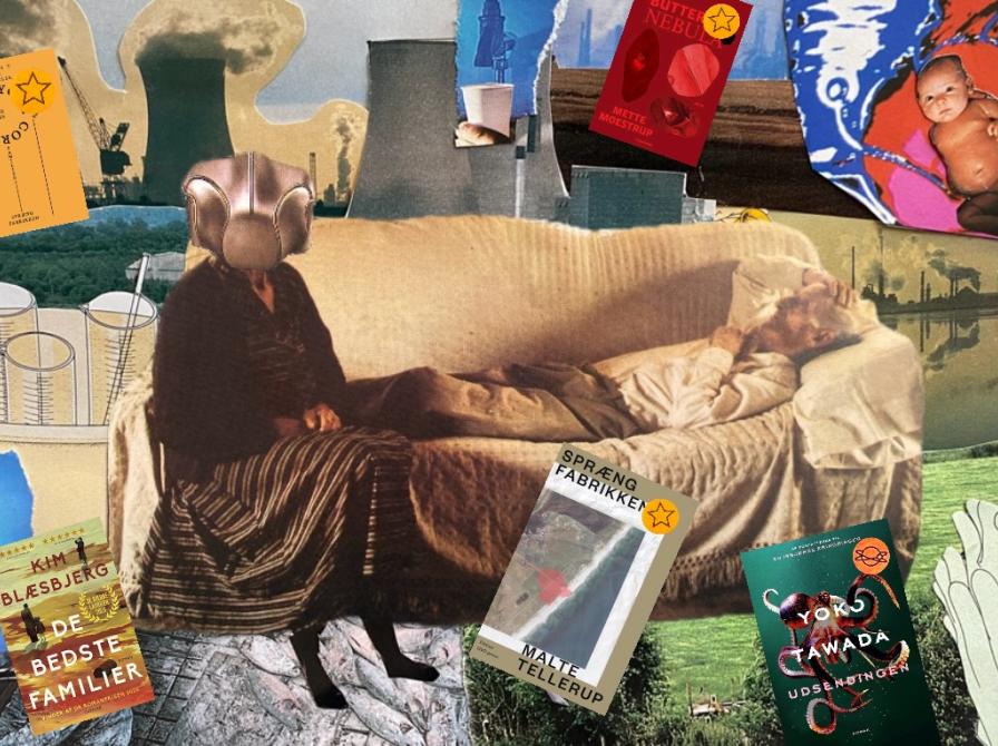 En collage med en kvindeskikkelse i ført gasmaske siddende i en sofa omgivet af rygende fabriksskorstene og romaner om forurening