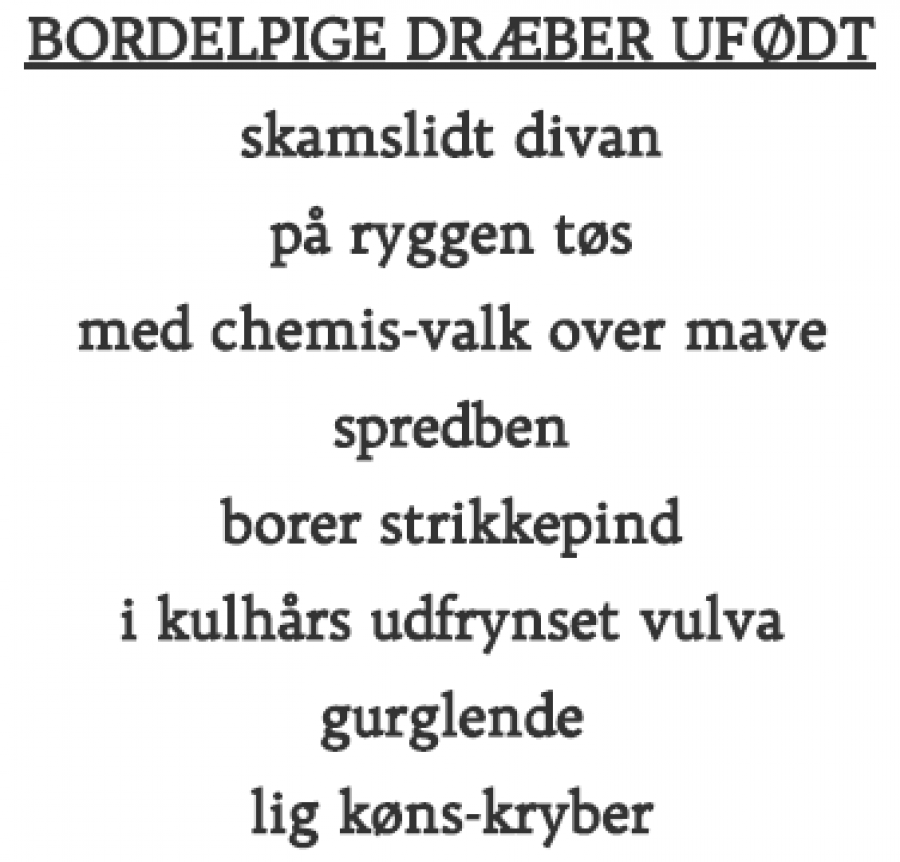 Foto af digtet "Bordelpige Dræber Ufødt" af Rudolf Broby-Johansen