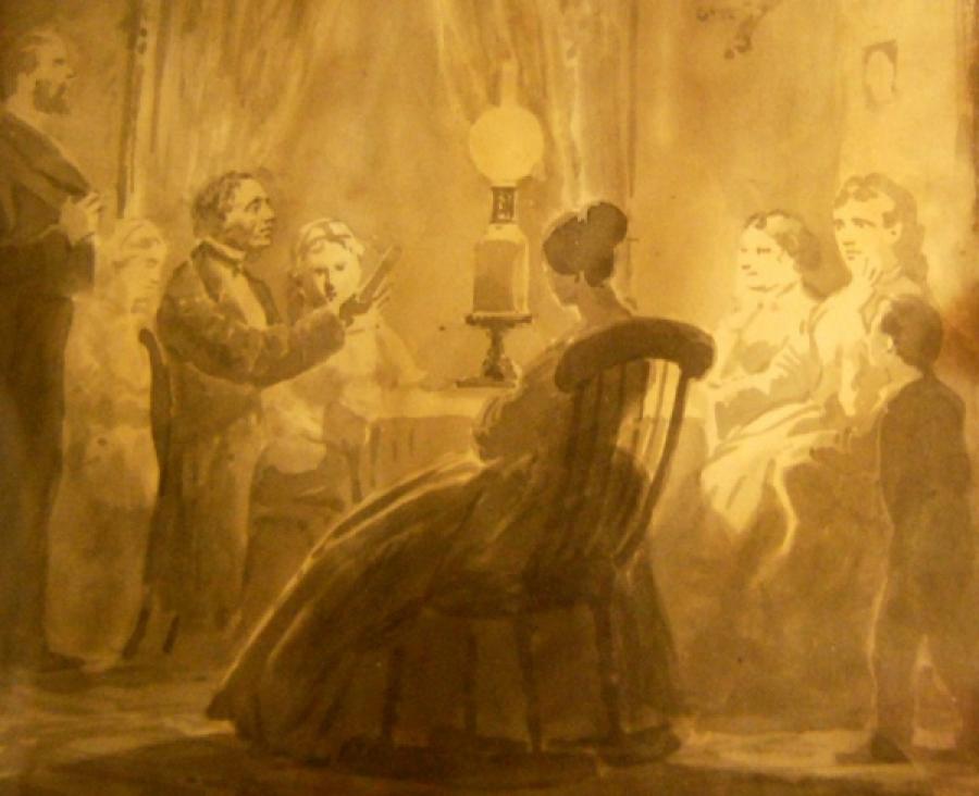 Maleri af oplæsning i en stue