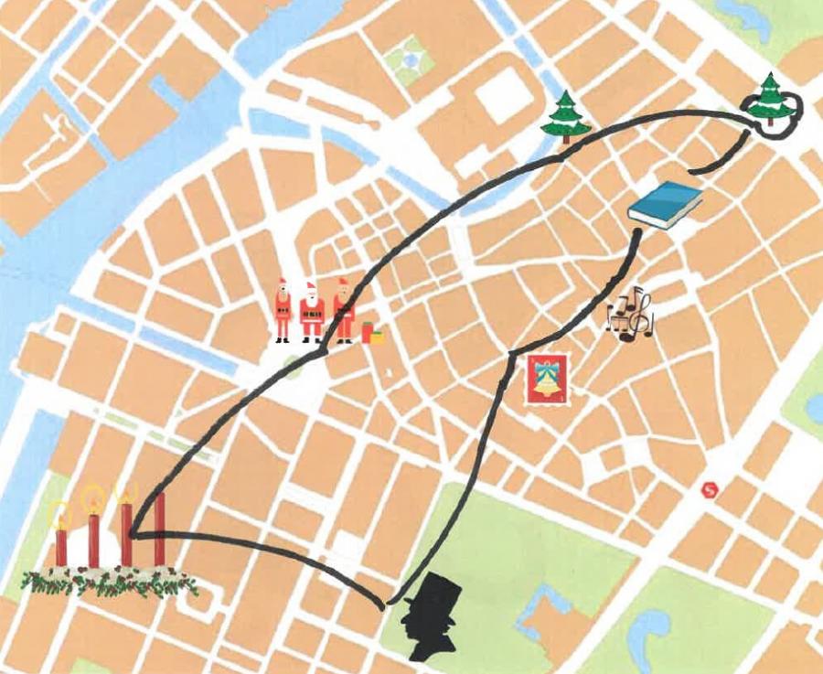 Kort over København med markeringer af de steder, ruten passerer, det ses at ruten har facon som en nissehue