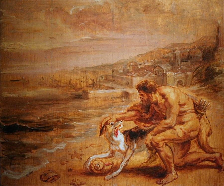 Rubens maleri fra omkring 1636 af Hercules og hans hund, der opdager purpur-farven.