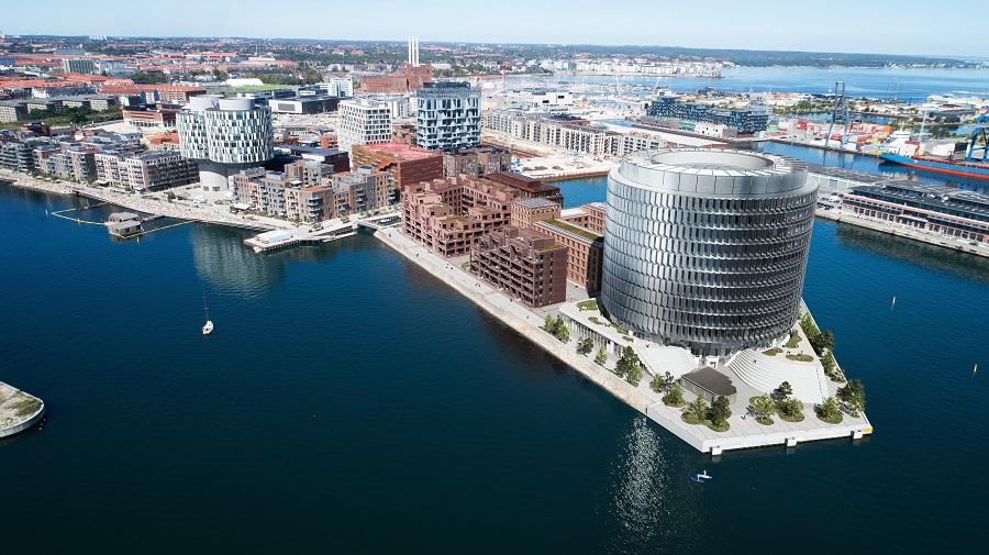 Visualisering af Nordø og bygningen Spidsen i Nordhavn. 