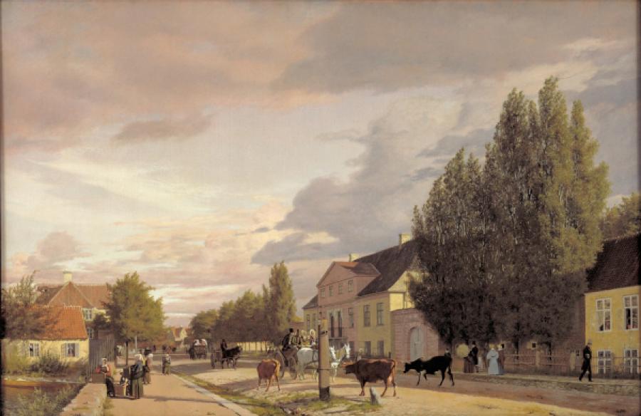 Maleri af byvej med køer og hestevogne