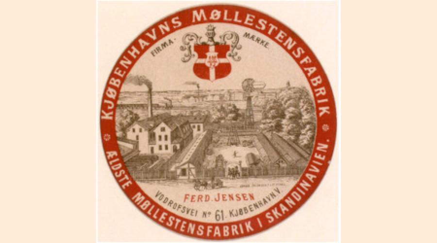 Logo med stregtegning af fabriksbygninger set fra oven